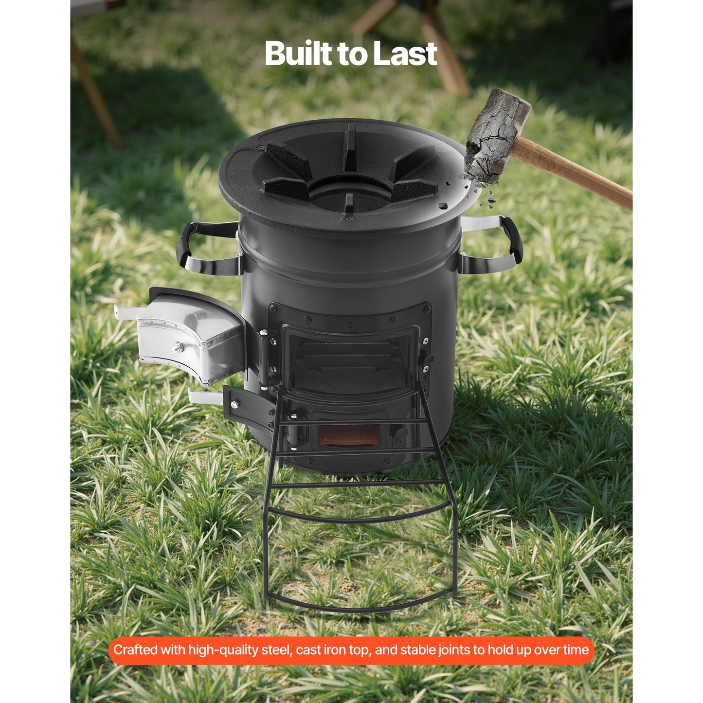 Wood Burning Rocket Stove Portable Camping Stove with Cast Iron Top, Double Door, Fireproof Lining, 16 lbs Lightweight, Canvas Bag Included, Charcoal Compatible