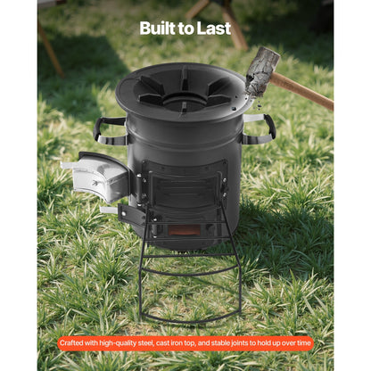 Wood Burning Rocket Stove Portable Camping Stove with Cast Iron Top, Double Door, Fireproof Lining, 16 lbs Lightweight, Canvas Bag Included, Charcoal Compatible