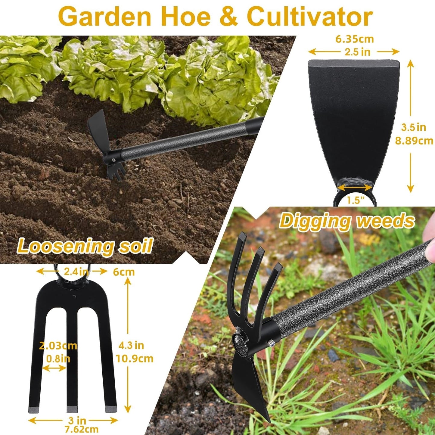 Garden Cultivator Hoe 2-in-1 60 Inch Long Handle Steel Tiller Blade & 3-Prong Cultivator Head for Weeding Tilling Loosening Soil Planting Lightweight