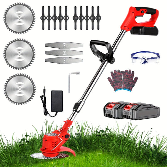 Cordless String Trimmer 24V 800W – Weed Wacker with 2 Batteries, Charger & 3 Blades, Adjustable Head, Brush Cutter & Lawn Edger