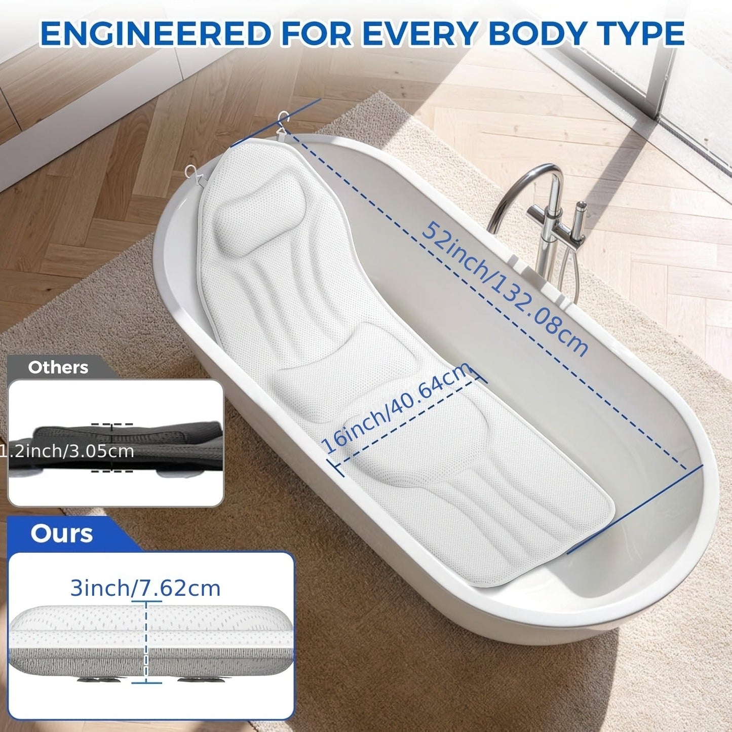 White Full-Body Bathtub Cushion in 52 × 16-Inch Size with 5D Air Mesh and Suction-Cup Backing