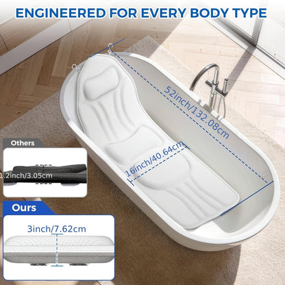 White Full-Body Bathtub Cushion in 52 × 16-Inch Size with 5D Air Mesh and Suction-Cup Backing