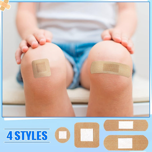 Fingertip Bandages Bulk Pack 100/200pcs, 4 Styles Flexible Fabric Adhesive Bandages, Breathable Skin-Tone Wound Care Strips for Finger Injuries, Family First Aid Kit Refill