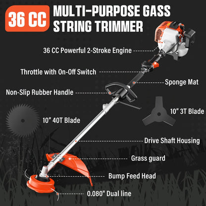 Gas String Trimmer 36CC 2-Cycle Weed Eater – 17" Cutting Swath, Easy Start Technology, Commercial Grade Gas Weed Wacker for Thick Weeds, Heavy-Duty Yard & Lawn Edging