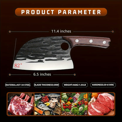 Serbian-Style Meat Cleaver with 6.5-Inch Blade, Wood Handle, Full-Tang Rivets and Leather Sheath