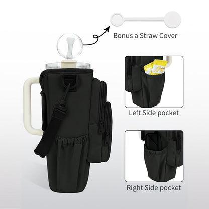Insulated Water Bottle Carrier Bag for 30-40oz Bottles - Adjustable Shoulder Strap, Phone Pocket & Straw Cover - Neoprene Bottle Holder Pouch for Dog Walking, Hiking & Outdoor Activities