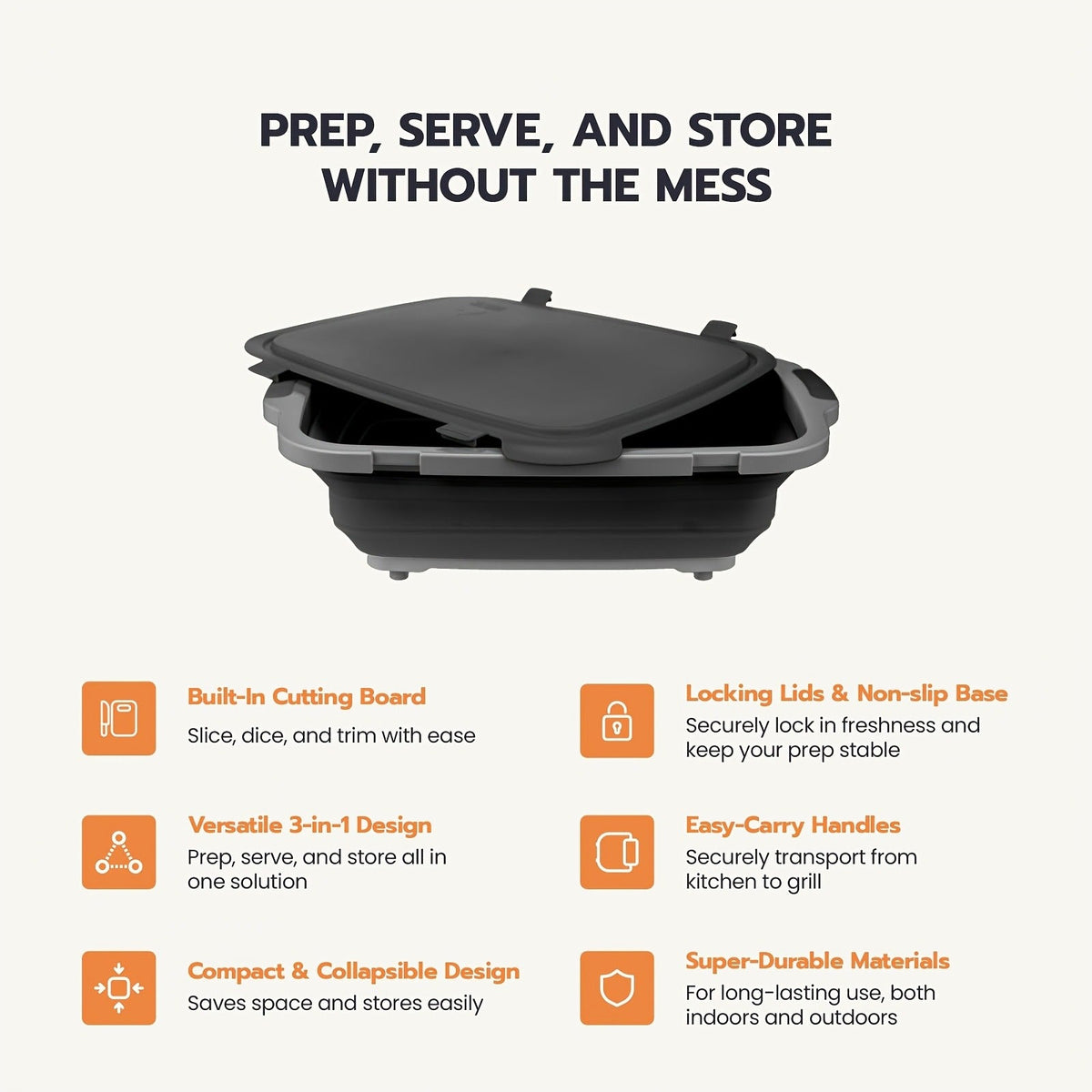 Collapsible Three-in-One BBQ Prep Tub with Cutting Board, Washing Basket, Drain Plug and Locking Lid in Black