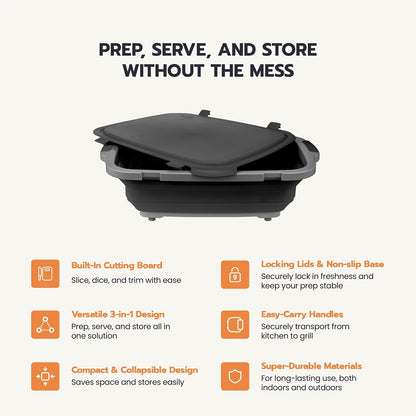 Collapsible Three-in-One BBQ Prep Tub with Cutting Board, Washing Basket, Drain Plug and Locking Lid in Black