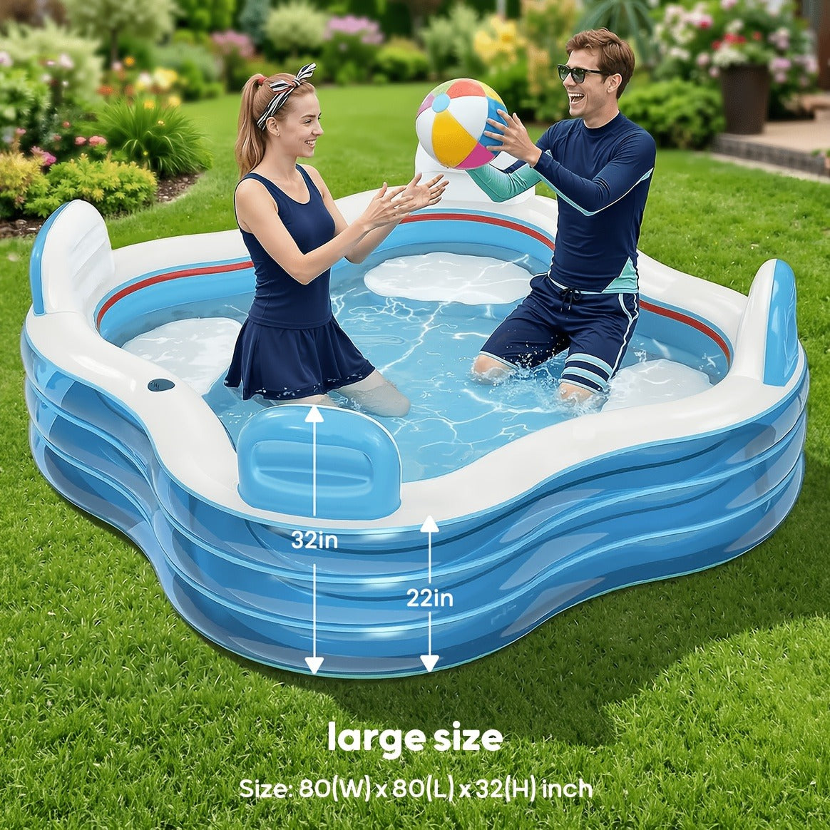 Inflatable Lounge Pool with Backrest 4 Seats 80x80x32 Inch Blow Up Pool for Adults Family Outdoor Garden Backyard Summer Water Party Portable