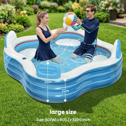 Inflatable Lounge Pool with Backrest 4 Seats 80x80x32 Inch Blow Up Pool for Adults Family Outdoor Garden Backyard Summer Water Party Portable