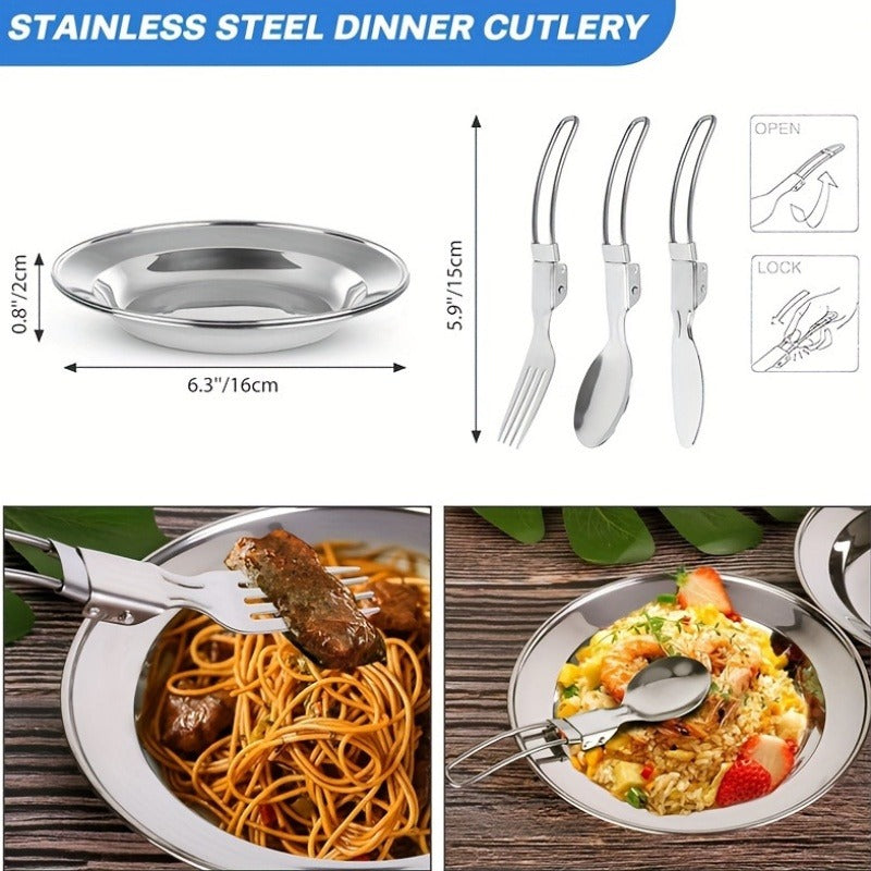 Camping Cookware Set, Aluminum Pot, Frying Pan and Kettle Kit with Folding Handles, Cutlery and Carry Bag