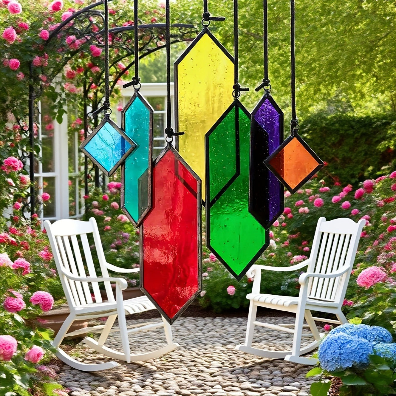 Hanging Geometric Color-Panel Suncatcher Ornament in Multicolor or Blue Checkout Options for Window and Garden Display