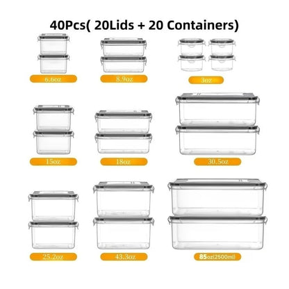 Food Storage Container Set with 12, 20 or 24 Clear Boxes, Locking Lids and Microwave, Dishwasher and Freezer Use