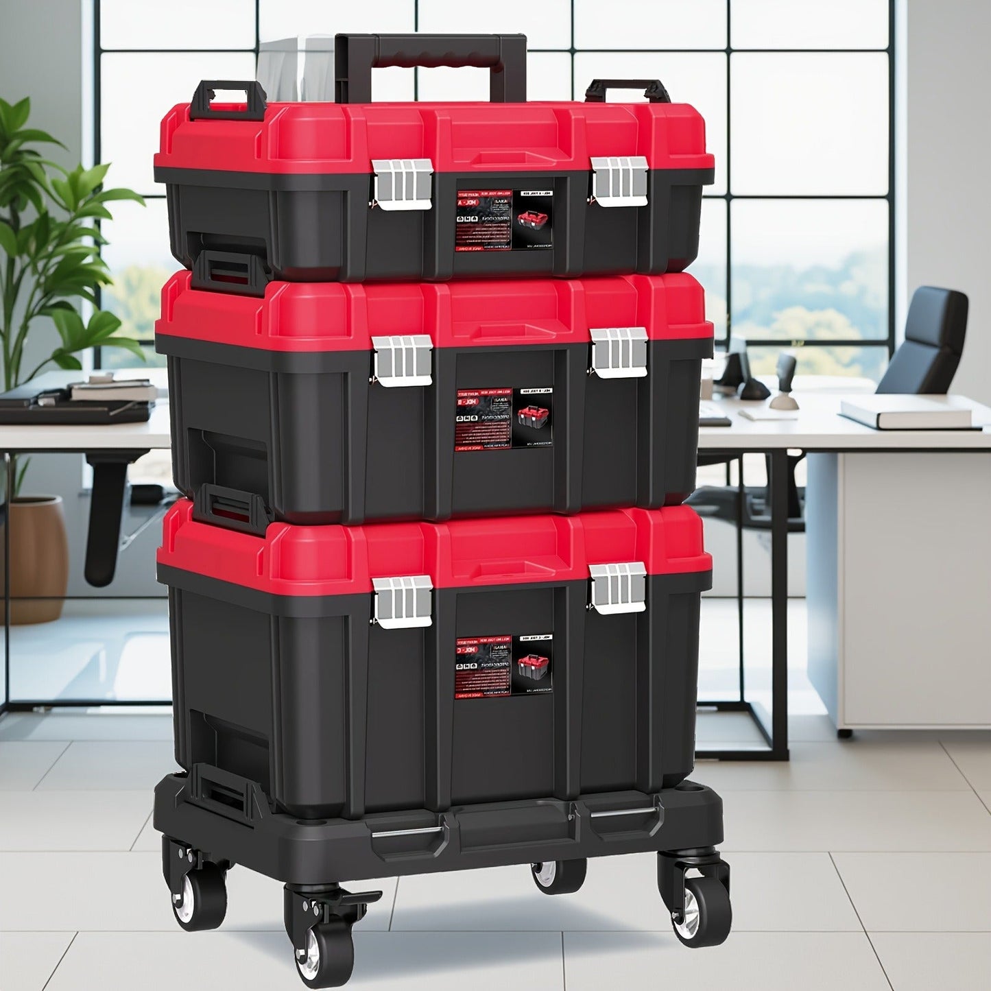 Rolling Tool Box with Wheels 3-Tier Stackable Organizer | Lockable Compartments, Connected Storage, 17" Large Plastic Toolbox for Garage, Home & Professional Work