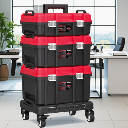 Rolling Tool Box with Wheels 3-Tier Stackable Organizer | Lockable Compartments, Connected Storage, 17" Large Plastic Toolbox for Garage, Home & Professional Work