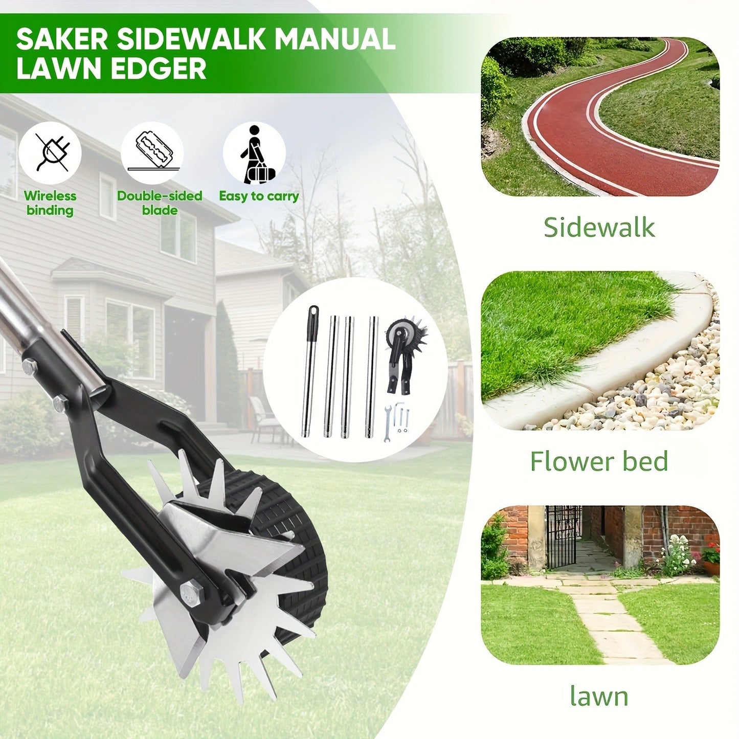Manual Wheeled Lawn Edger with Rotary Cutting Wheel and Three- or Four-Section Adjustable Handle