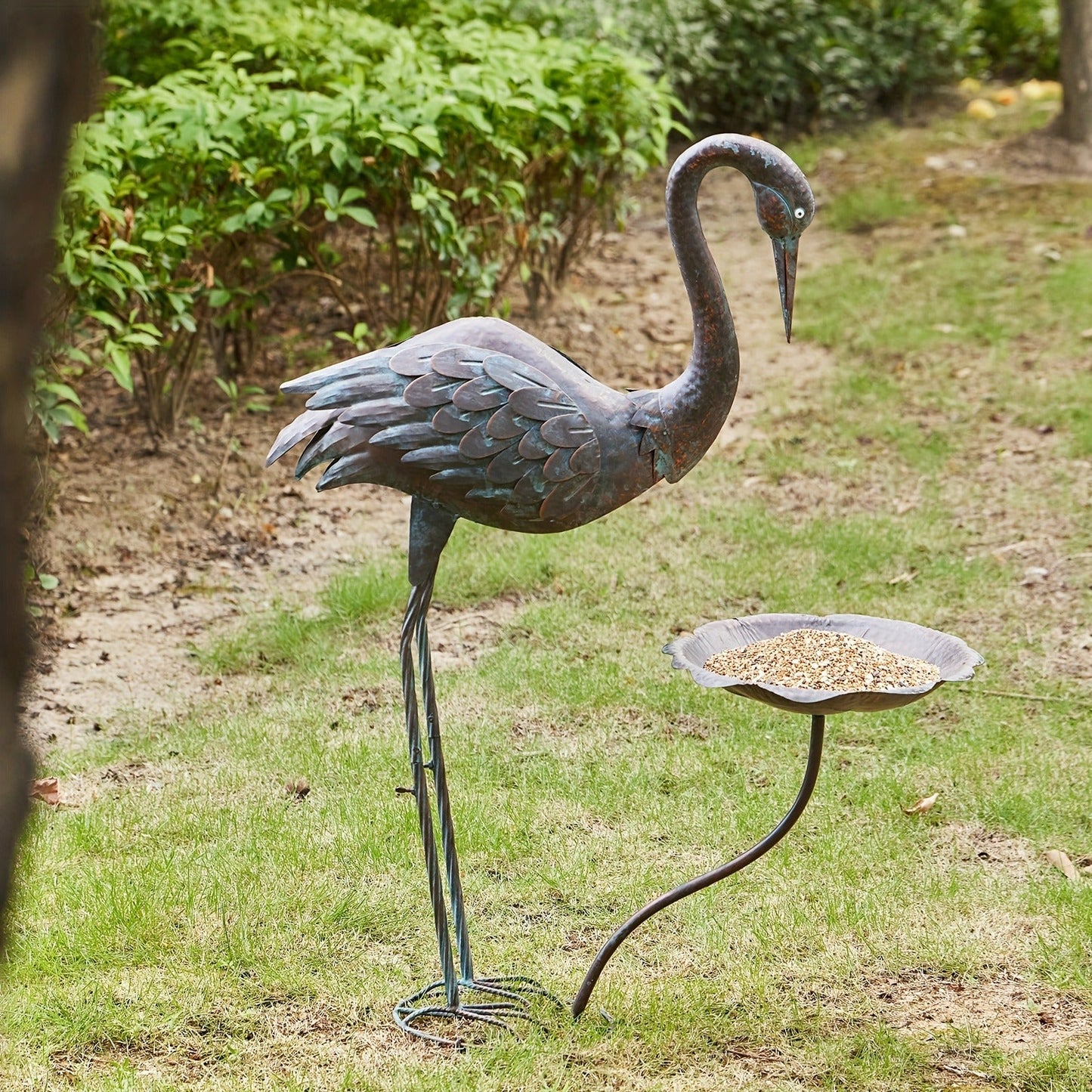 36-Inch Crane Sculpture Bird Bath Set with Separate 12.6-Inch Basin and Garden Stakes for Yard Decor
