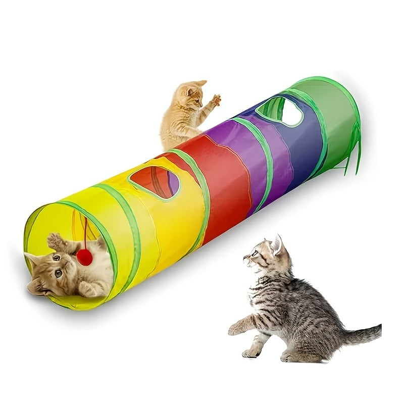 Cat Toy Rainbow Tunnel in S-Shaped or Three-Way Layouts with Peek Holes, Ball and One or Two-Pack Options