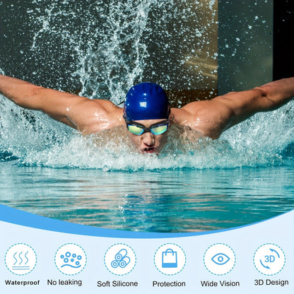 Iridescent-Lens Swim Goggles Set with Adjustable Split Strap, Swim Cap, Hard Case and Small Accessories