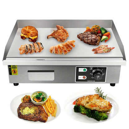 Flat Top Griddle 22 Inch 1600W Electric Countertop Teppanyaki Grill Non-Stick Stainless Steel Commercial Restaurant Griddle Adjustable Temp 50-300°C
