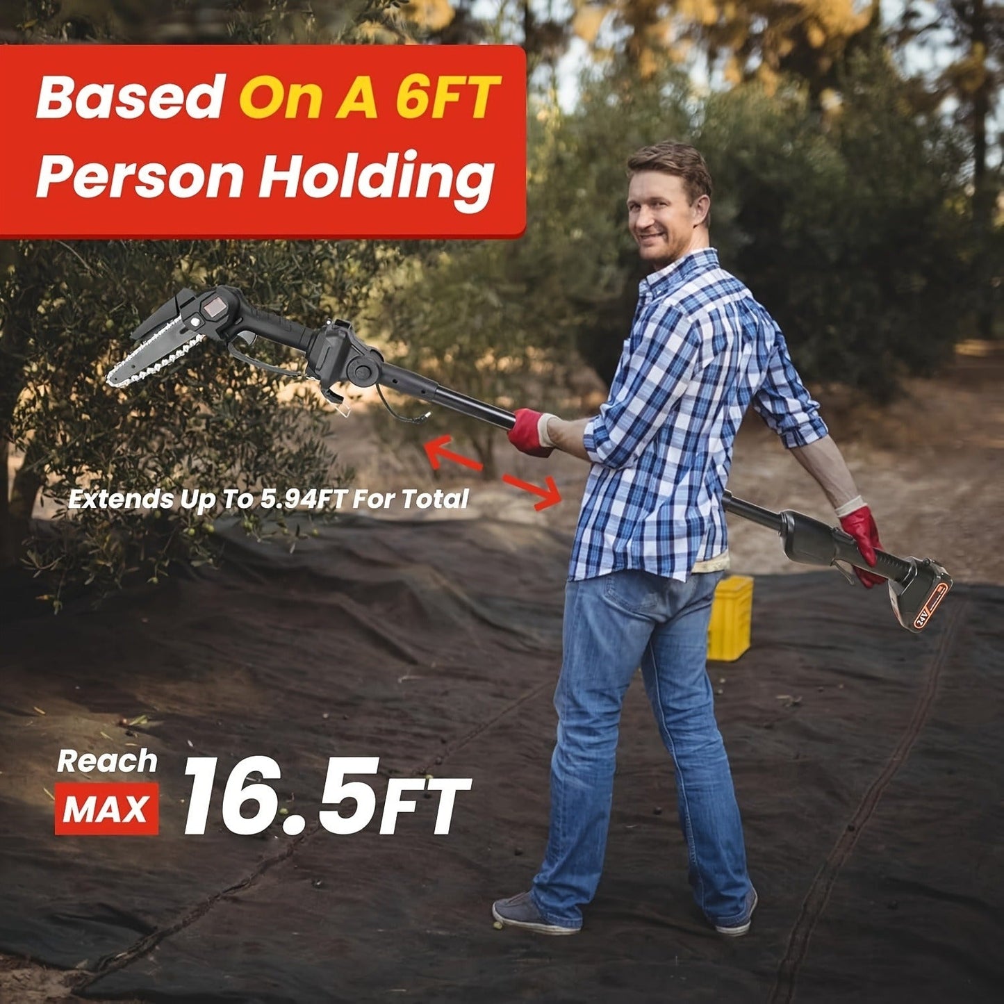 Cordless 4- and 6-Inch Pole Saw with Three Extension Sections, 90° Head, Two Batteries and Two Colors