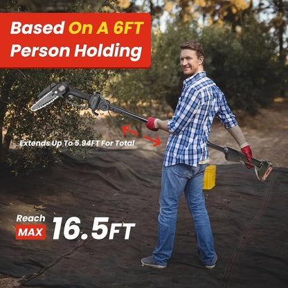 Cordless 4- and 6-Inch Pole Saw with Three Extension Sections, 90° Head, Two Batteries and Two Colors