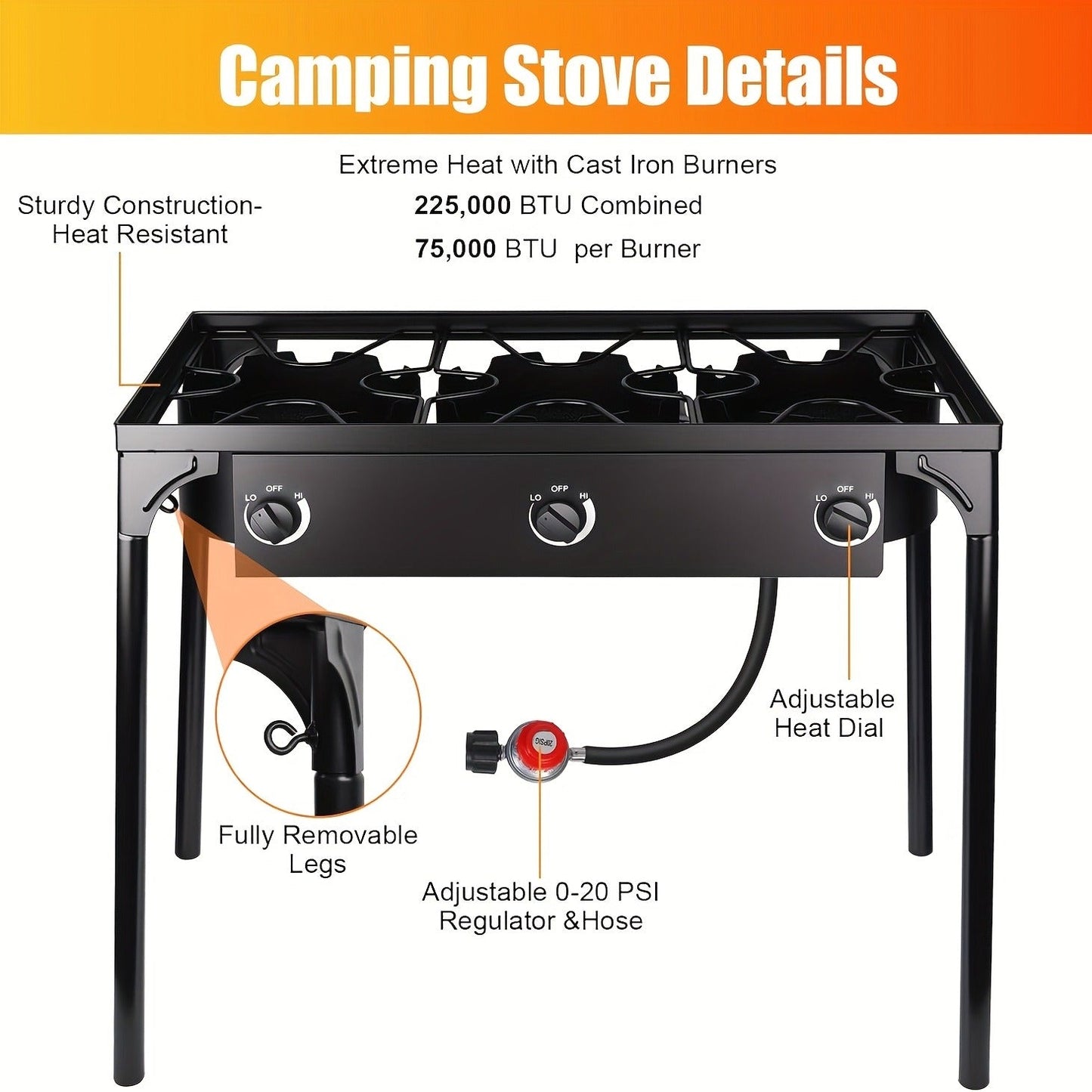 Outdoor Propane Burner Stand with One- or Three-Burner Layout, Removable Legs and 0–20 PSI Regulator Hose