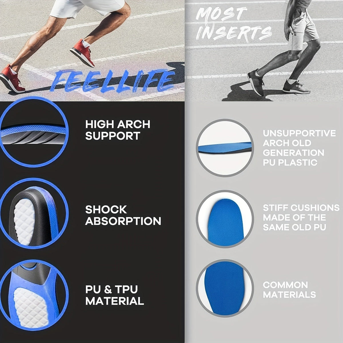High-Arch PU and TPU Shoe Inserts with Deep Heel Cup in M, L and XL Sizes for Work Boots and Sneakers