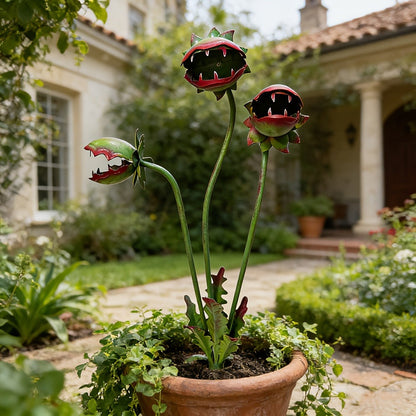 Three-Head Flower-Monster Garden Stake with Pictured 25.19-Inch Height for Planter, Lawn or Patio Display