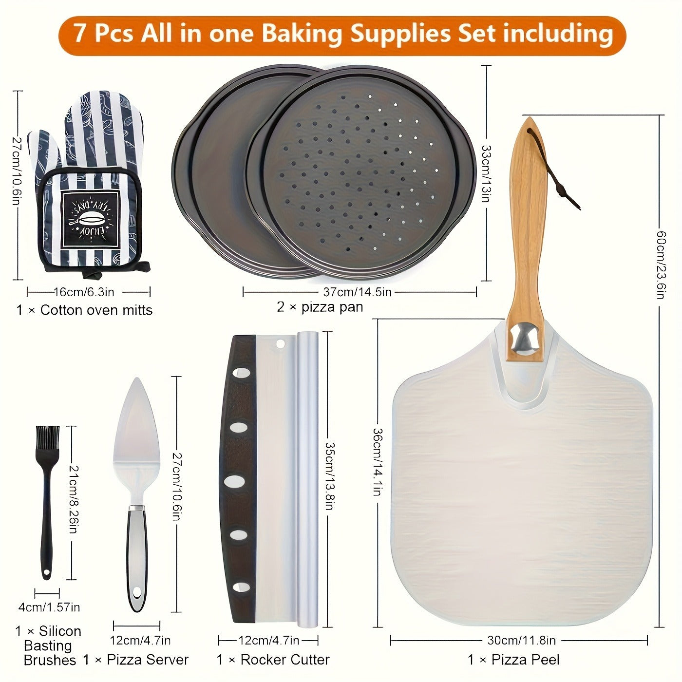 Seven-Piece Pizza Baking Set with Round Stone, Metal Peel, Rocker Cutter, Server, Brush and Gloves