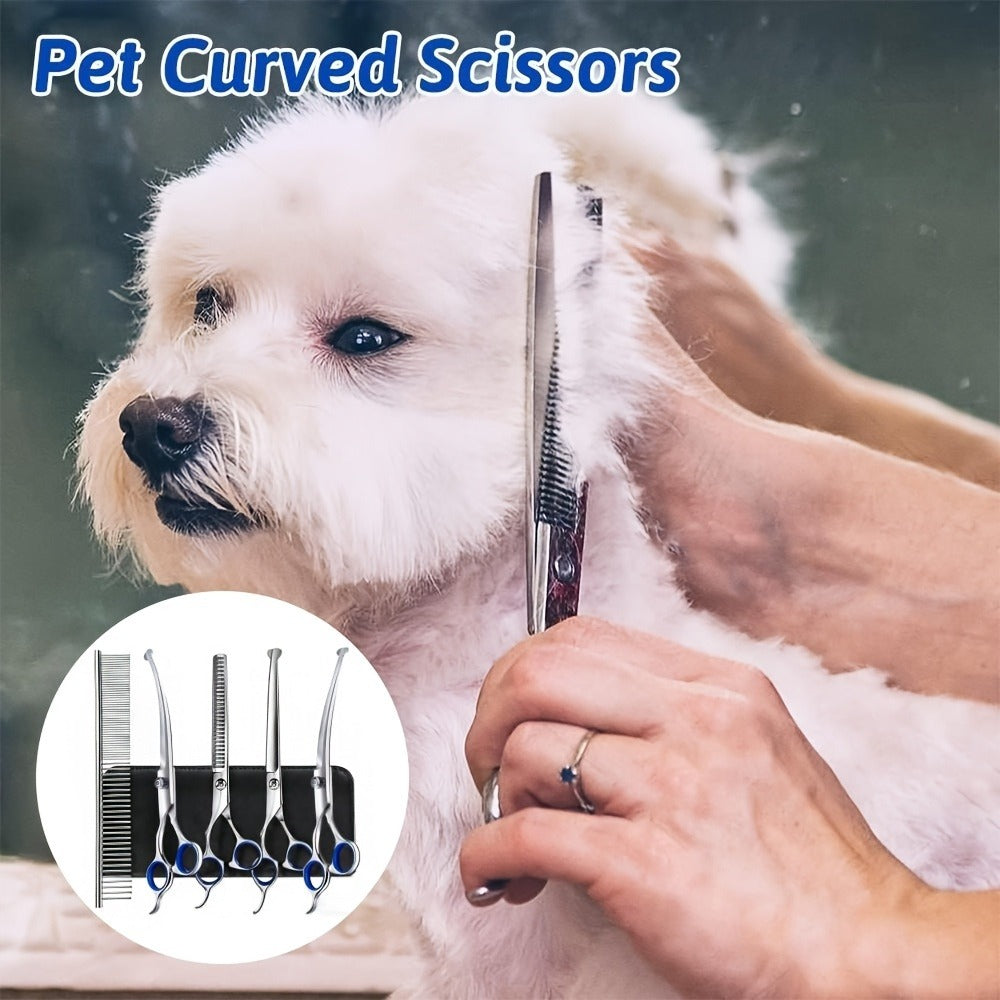 Pet Grooming Scissors Set, Seven-Piece 4CR Stainless Steel Kit with Straight, Curved and Thinning Shears