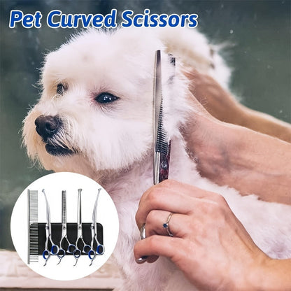 Pet Grooming Scissors Set, Seven-Piece 4CR Stainless Steel Kit with Straight, Curved and Thinning Shears