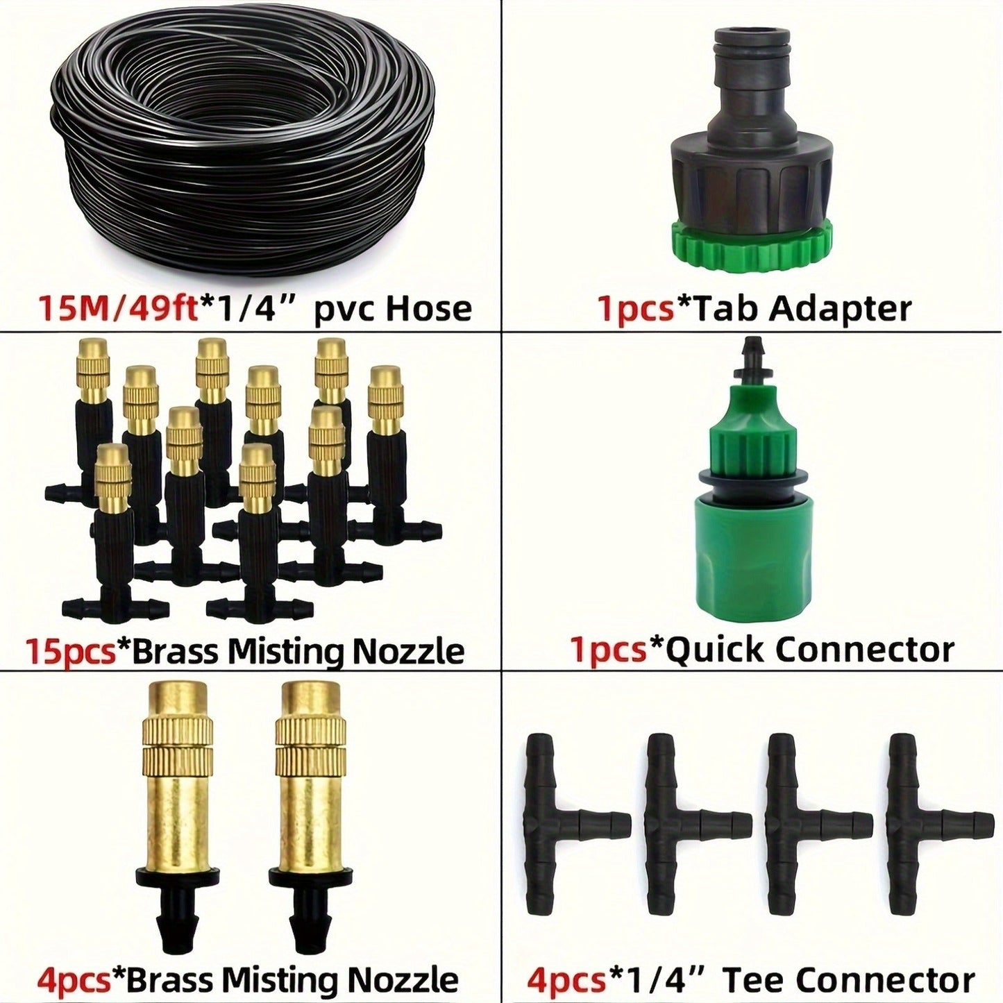 Outdoor Misting Cooling System 15m - 1/4" Brass Nozzles, 4/7mm Hose, Patio Garden Greenhouse