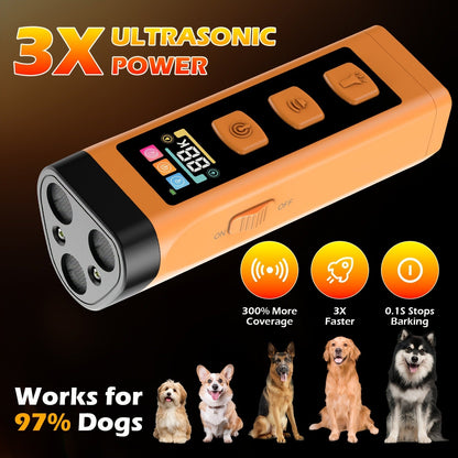 Orange Rechargeable Triple-Emitter Ultrasonic Dog Training Aid with Display, Light and Wrist Strap