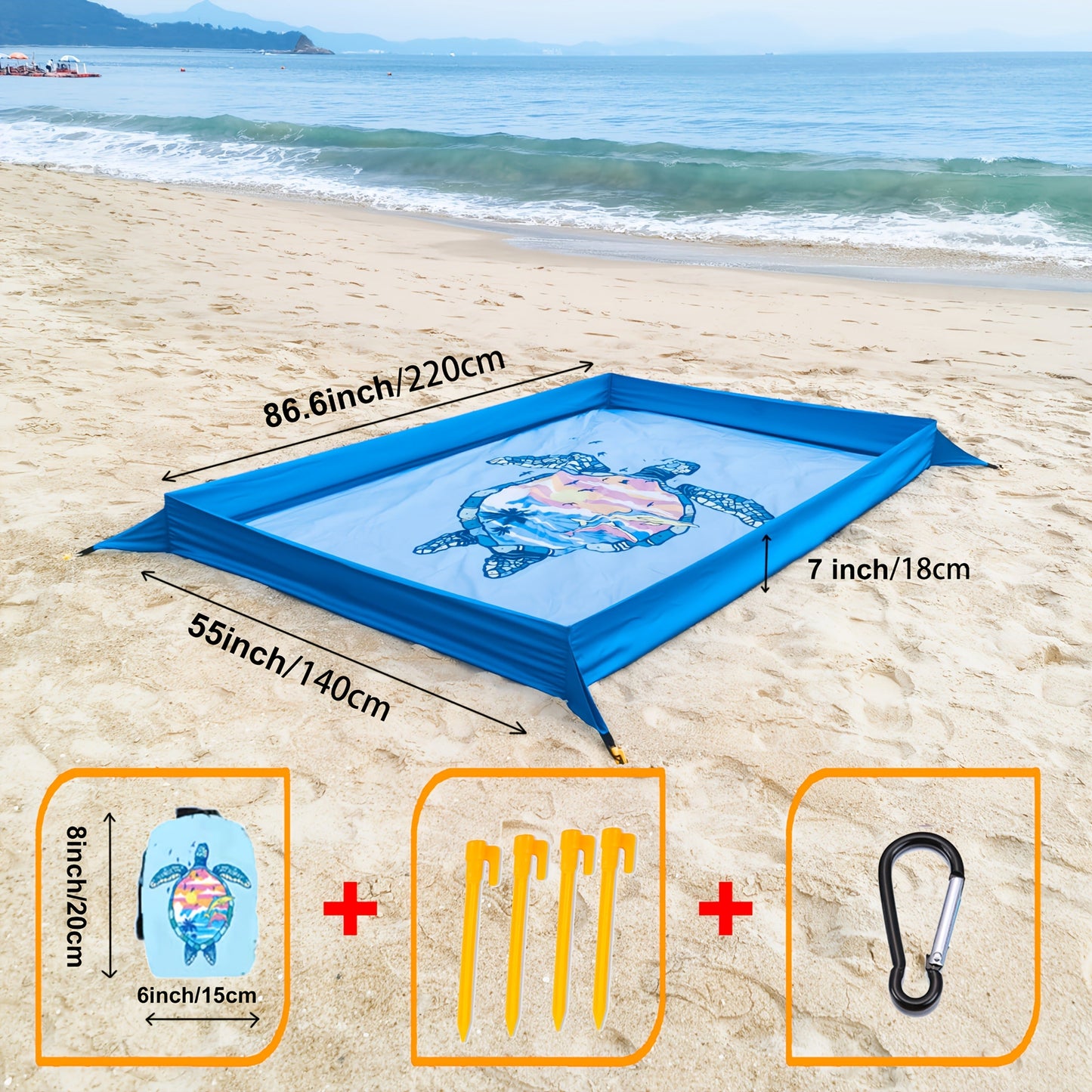 Beach Blanket with Sand Walls Fence Sandproof Waterproof 55x86in with 4 Stakes & Carry Bag for Family Picnic Camping Park Travel – 6 Printed Styles