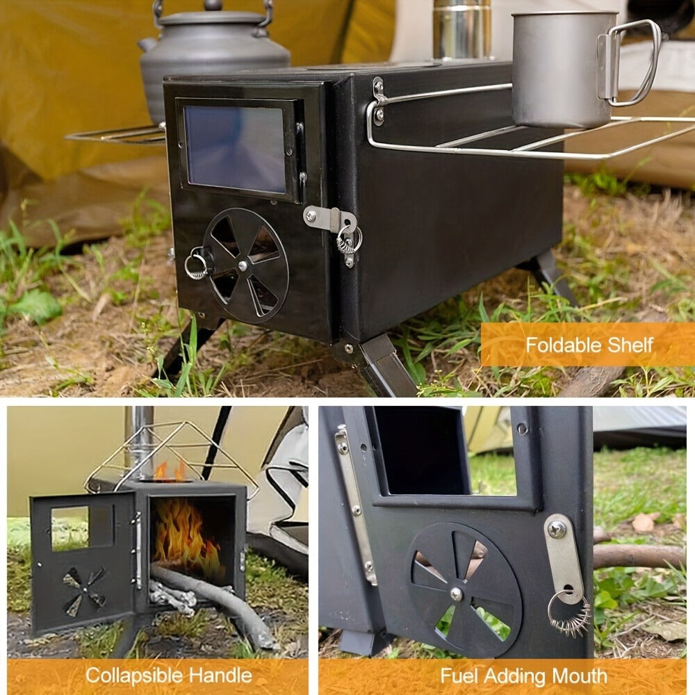 Wood Burning Camp Stove with Chimney Pipe Portable Outdoor Camping Stove for Cooking, BBQ, Boiling Water & Heating, Stainless Steel Hot Tent Stove with Folding Rack, Ash Hook & Accessories Included