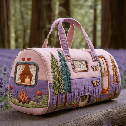 Camper Motif Quilted Travel Tote Bag with Zippered Top, Lavender Handles and 16 x 8 x 8-Inch Checkout Size
