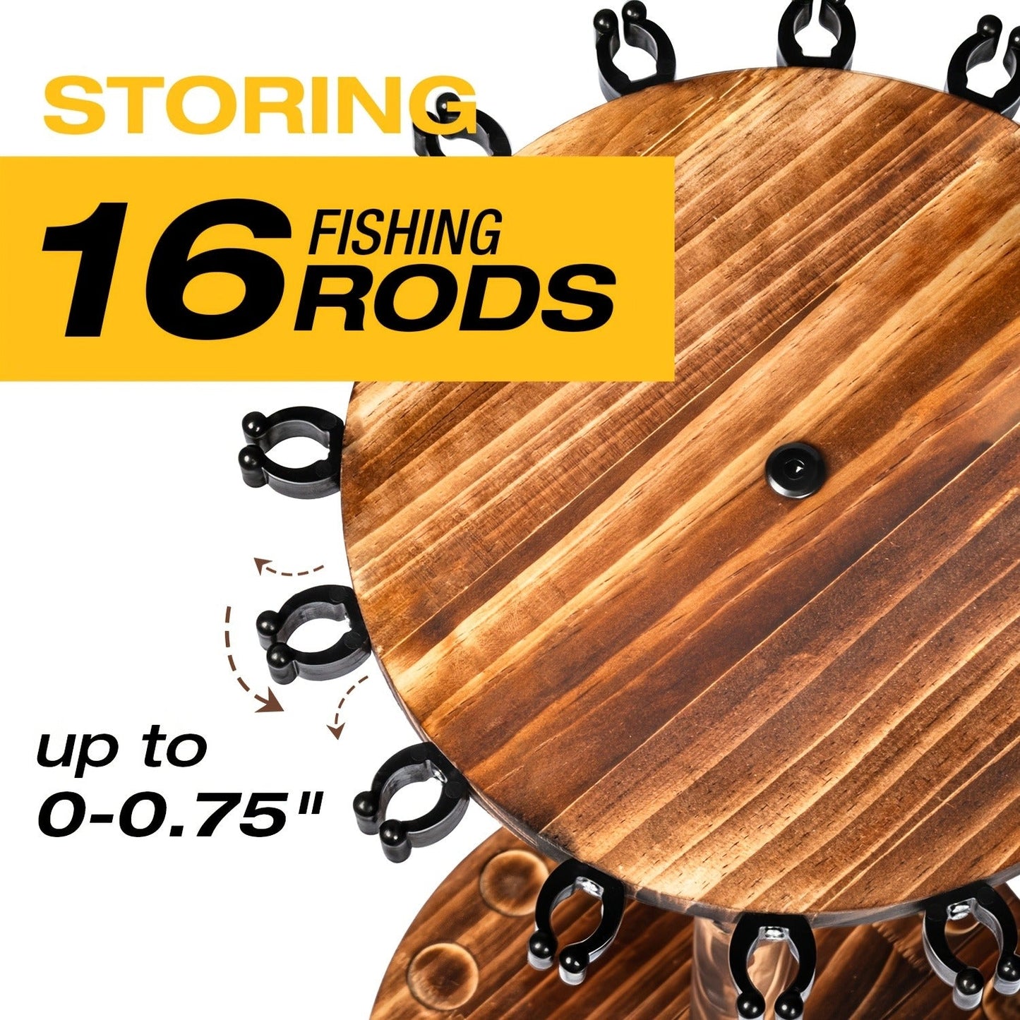 Fishing Rod Rack Holds 16 Rods - Circular Wooden Pole Holder with 360° Rotating Base Option - Space-Saving Wall-Free Fishing Rod Organizer for Garage, Basement & Home Storage