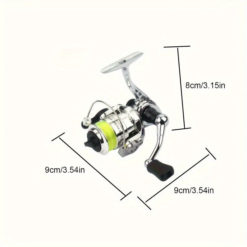 Mini Spinning Fishing Reel with Folding Handle, Green Line Spool and Compact 9 x 9 x 8 cm Profile