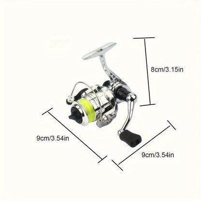 Mini Spinning Fishing Reel with Folding Handle, Green Line Spool and Compact 9 x 9 x 8 cm Profile