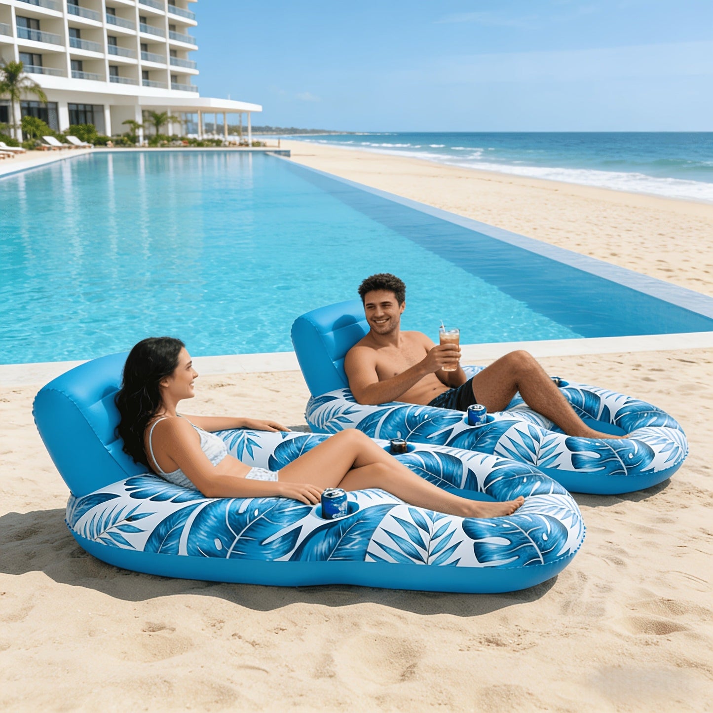 Inflatable Pool Float Set of 2 – 59.1x36.2 Inch Portable Raft with Dual Cup Holders for Pool Beach Lake Outdoor Leisure, Blue & White Seaside Design