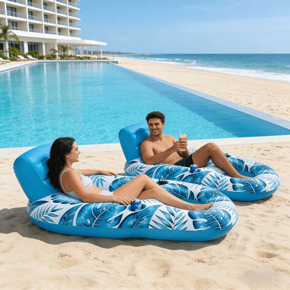 Inflatable Pool Float Set of 2 – 59.1x36.2 Inch Portable Raft with Dual Cup Holders for Pool Beach Lake Outdoor Leisure, Blue & White Seaside Design