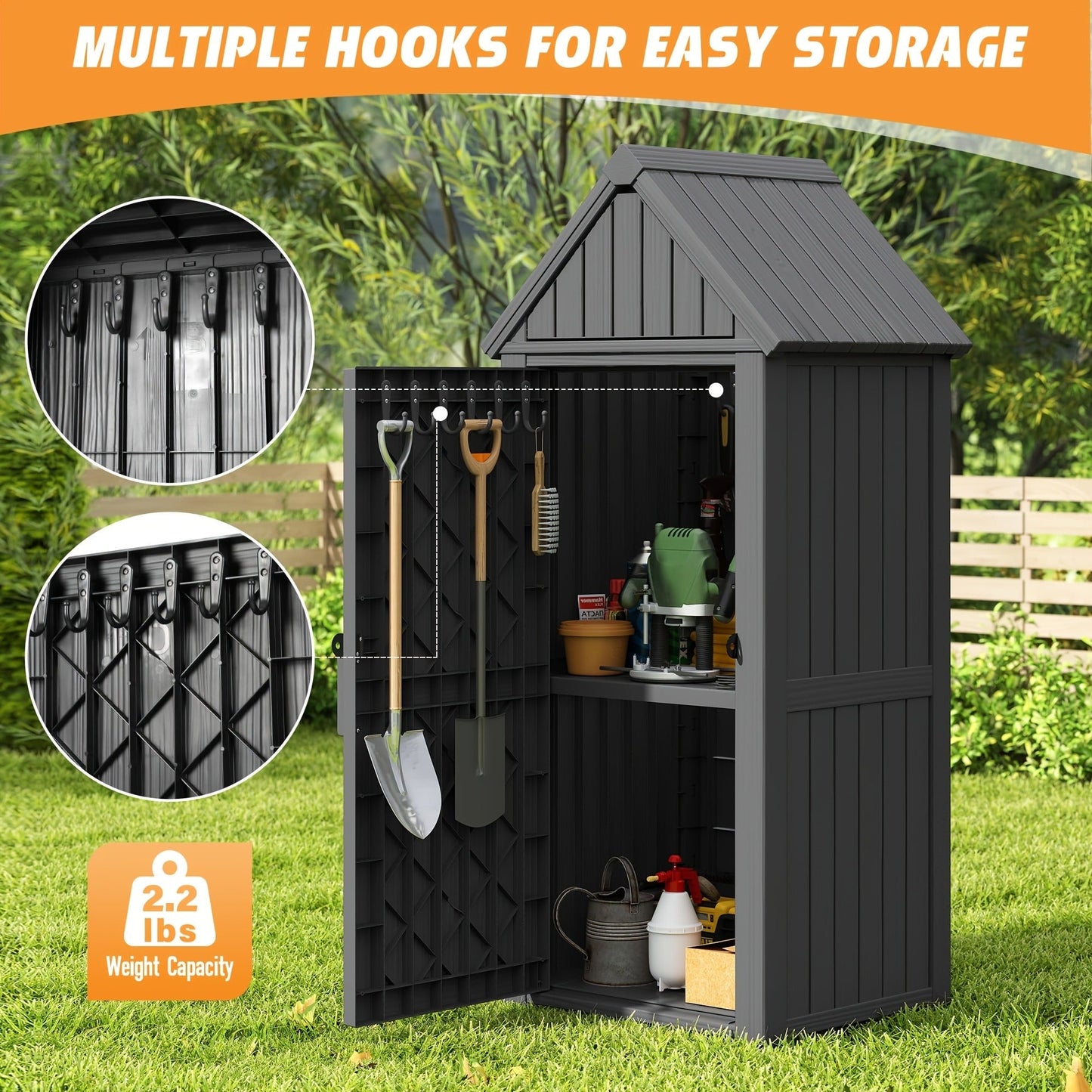Tall Resin Outdoor Storage Shed with Sloped Roof, Lock-Ready Door and Interior Hooks in Black or Brown