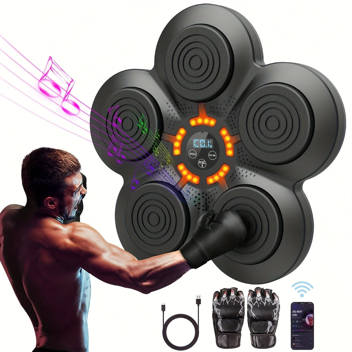 Wall-Mounted Five-Pad Boxing Target with Music Controls and Black or Upgraded-Lighting Checkout Options