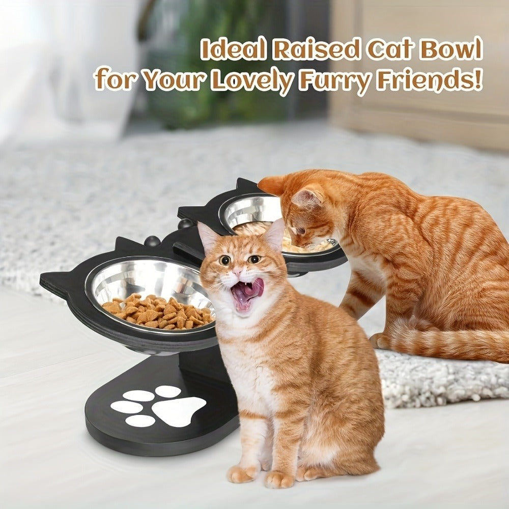 Elevated Cat Bowl Stand with Tilted Stainless Steel Bowls - Adjustable Raised Feeder, Anti-Spill, Black Wood Base for Cats & Small Dogs