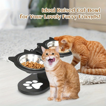Elevated Cat Bowl Stand with Tilted Stainless Steel Bowls - Adjustable Raised Feeder, Anti-Spill, Black Wood Base for Cats & Small Dogs