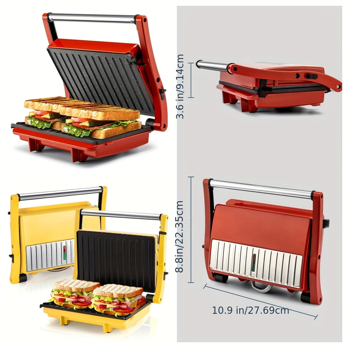 Sandwich Maker 3-in-1 Mini Indoor Grill & Panini Press – Non-Stick 180° Opening, Floating Hinge, 60-Min Timer, Temp Control & Grease Tray | Compact Electric Grill for Home & Dorm