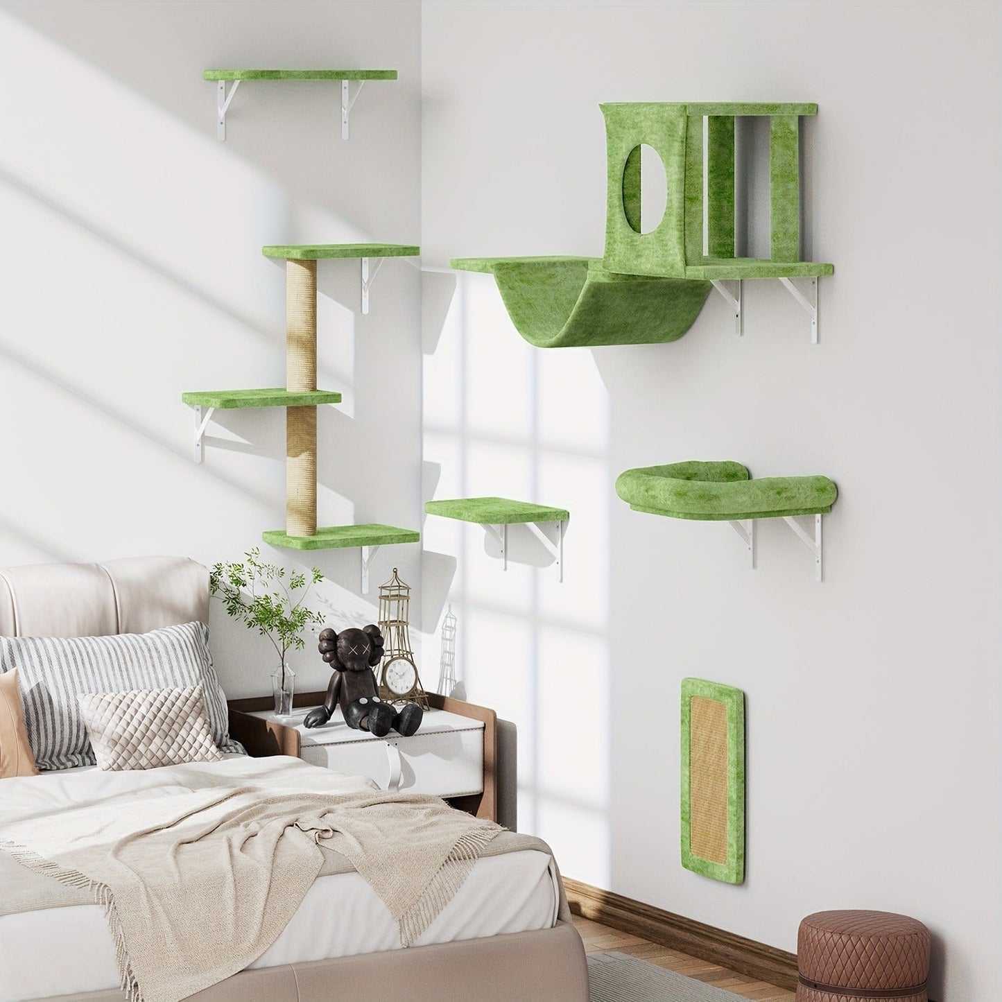Cat Wall Shelf Climbing Set – 7-Piece Deluxe Wall Mounted Cat Furniture with Condo, Scratching Post, Bridge, Ladder & Tunnel for All Cat Sizes