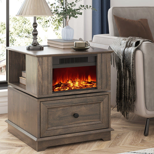 Electric Fireplace End Table Rotating 13-Inch Screen Side Table with Fast Charging Station Storage Shelf for Living Room Bedroom