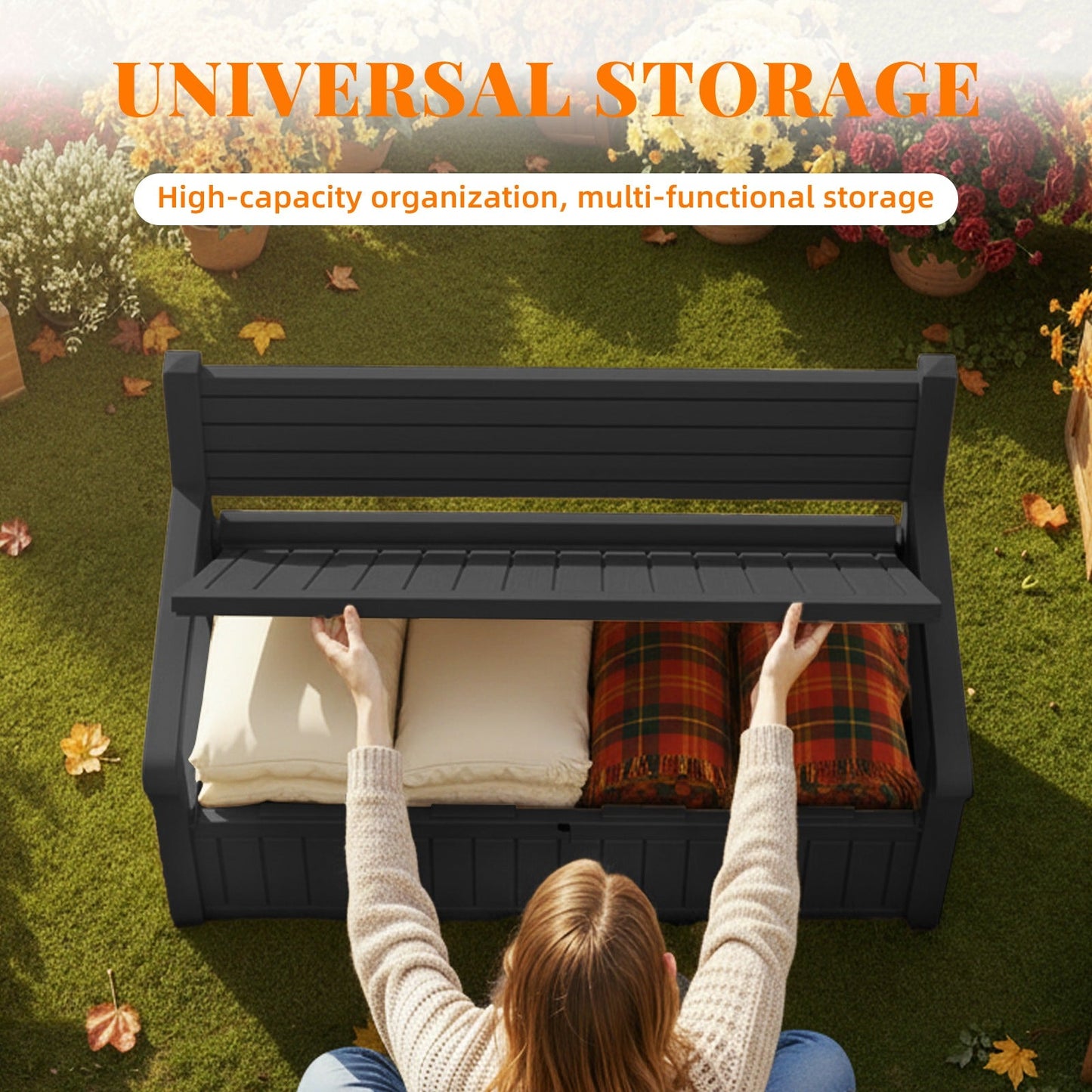 80-Gallon Outdoor Deck Storage Bench with Backrest, Armrests and Hidden Under-Seat Compartment in Two Colors